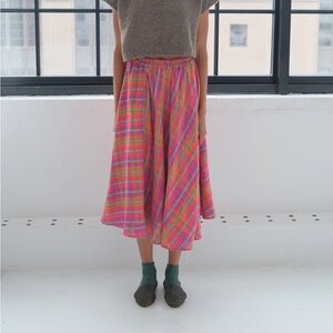 World Of Crow Ribbon Flared Pink Plaid Check Midi Skirt Cotton Small